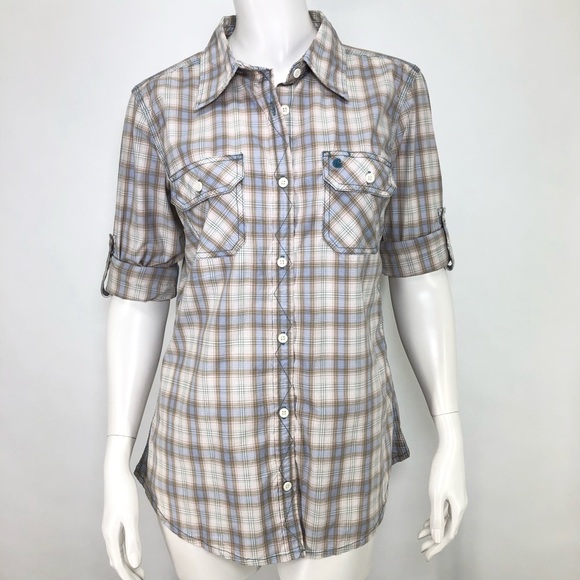 Carhartt Tops - Carhartt S Plaid Shirt Blue Beige Roll Tab Sleeve